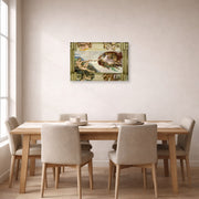 Gallery-wrapped canvas print of Michelangelo's Creation of Adam displayed on a wall in a dining room
