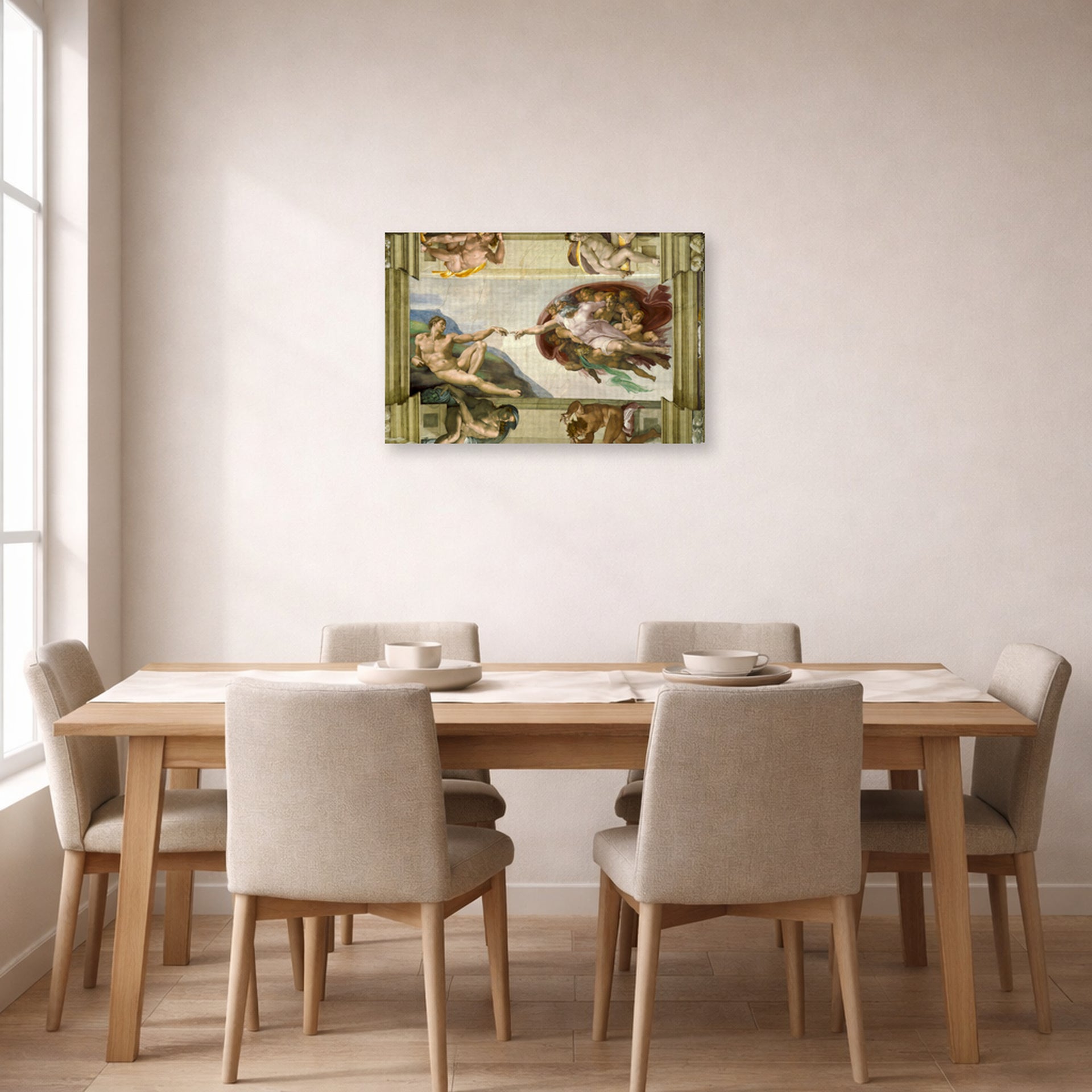 Gallery-wrapped canvas print of Michelangelo's Creation of Adam displayed on a wall in a dining room
