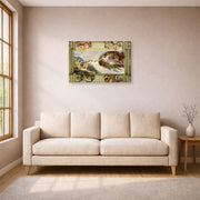 Gallery-wrapped canvas print of Michelangelo's Creation of Adam displayed on a wall in a living room