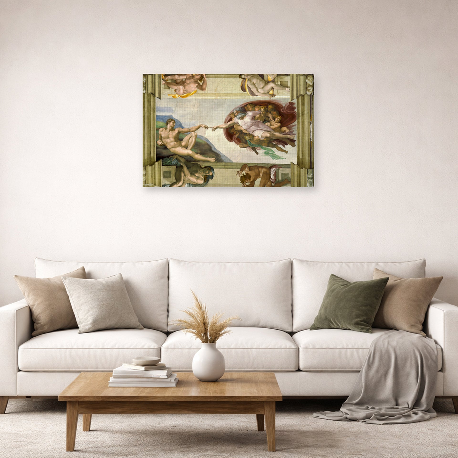 Gallery-wrapped canvas print of Michelangelo's Creation of Adam displayed on a wall in a living room