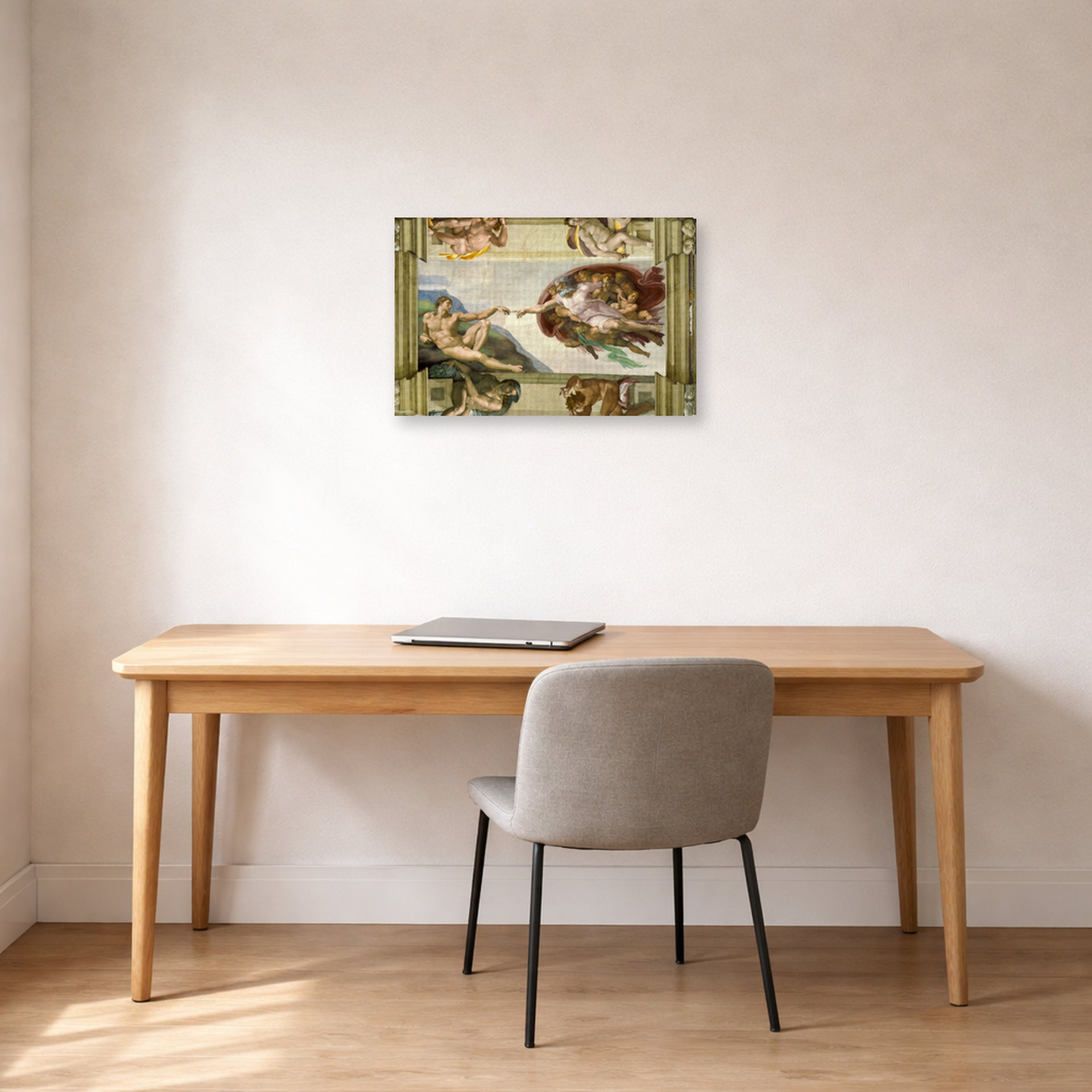 Gallery-wrapped canvas print of Michelangelo's Creation of Adam displayed on a wall in a office