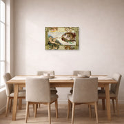 Unframed poster print of Michelangelo's Creation of Adam displayed on a wall in a dining room