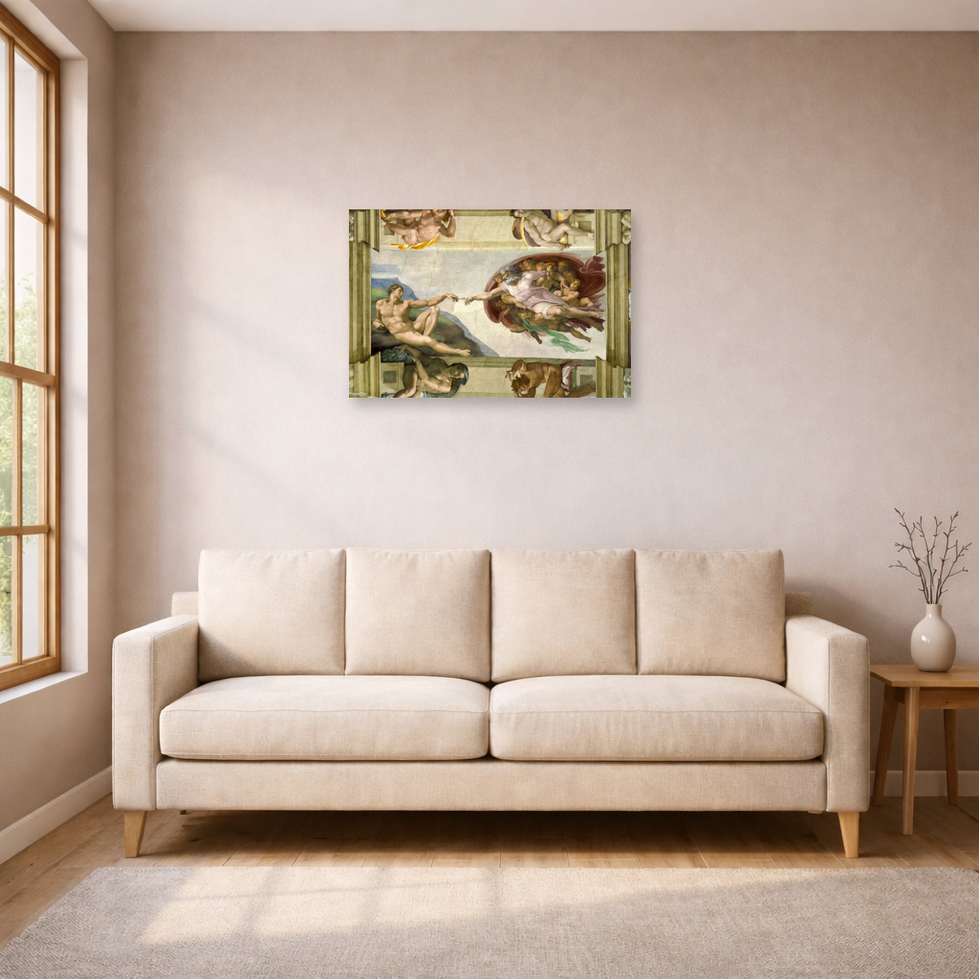 Unframed poster print of Michelangelo's Creation of Adam displayed on a wall in a living room