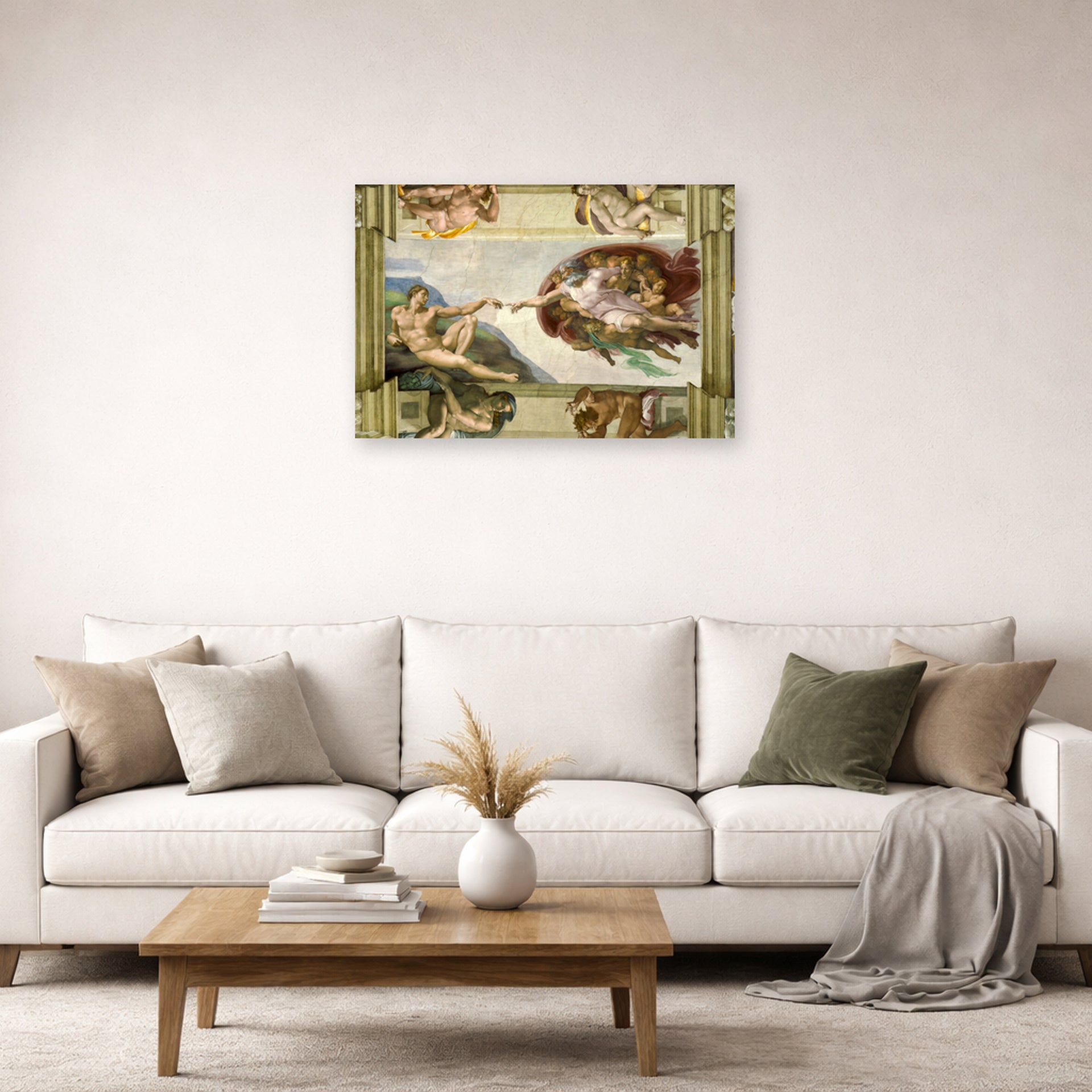 Unframed poster print of Michelangelo's Creation of Adam displayed on a wall in a living room