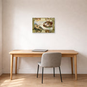 Unframed poster print of Michelangelo's Creation of Adam displayed on a wall in a office
