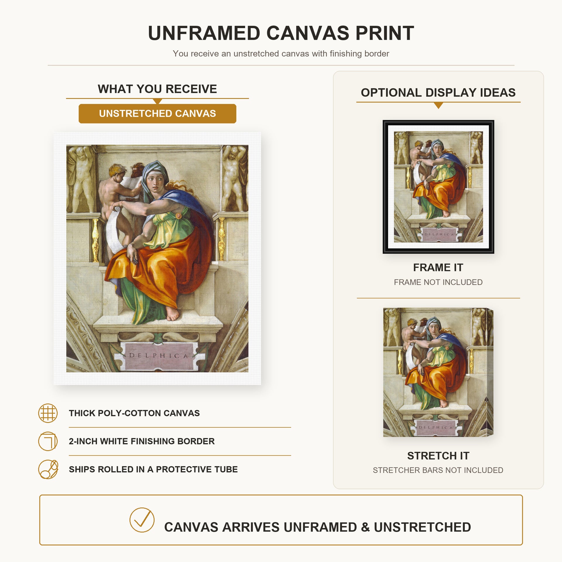Michelangelo - Delphic Sibyl canvas print size comparison and framing display infographic