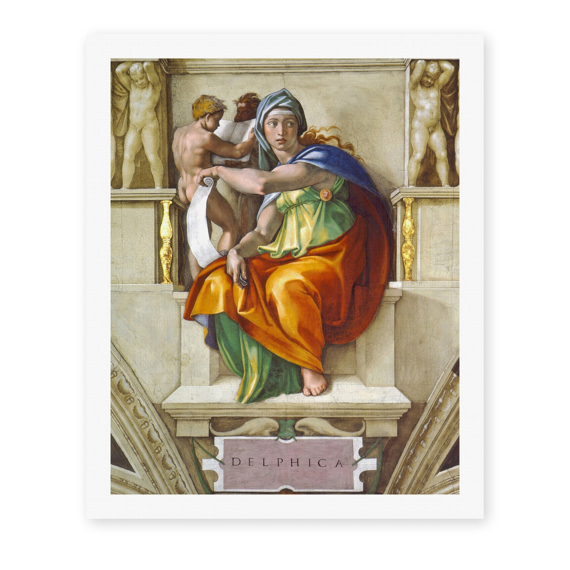 Michelangelo's 'Delphic Sibyl' painting reproduced as a rolled canvas print, one of the sibyl figures painted on the Sistine Chapel ceiling