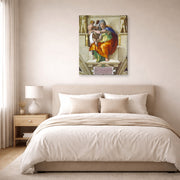 Gallery-wrapped canvas print of Michelangelo's Delphic Sibyl displayed on a wall in a bedroom