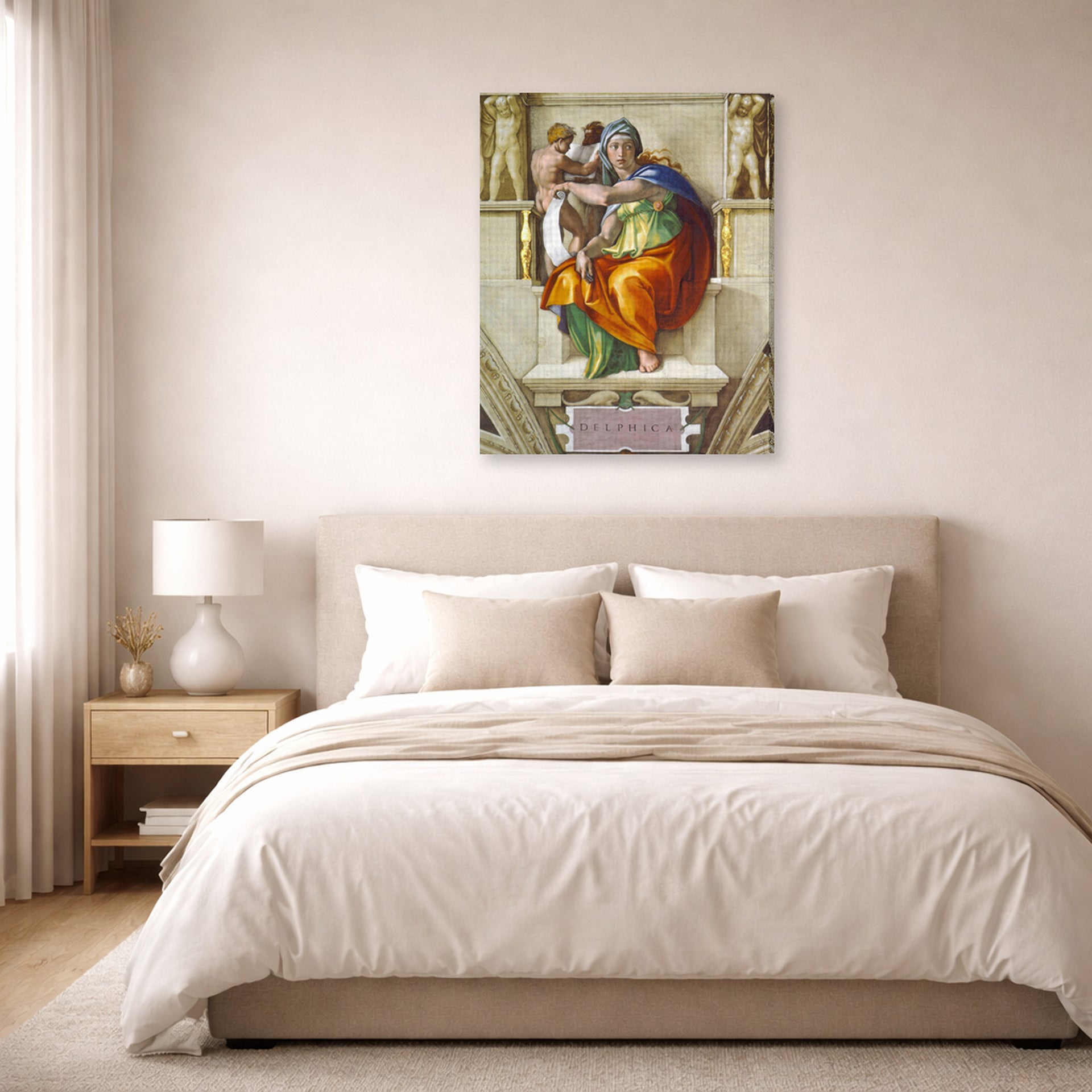 Gallery-wrapped canvas print of Michelangelo's Delphic Sibyl displayed on a wall in a bedroom