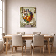 Gallery-wrapped canvas print of Michelangelo's Delphic Sibyl displayed on a wall in a dining room