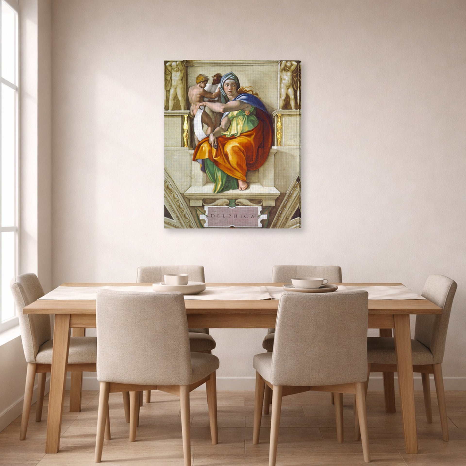 Gallery-wrapped canvas print of Michelangelo's Delphic Sibyl displayed on a wall in a dining room