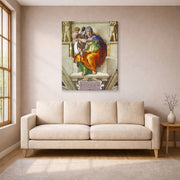 Gallery-wrapped canvas print of Michelangelo's Delphic Sibyl displayed on a wall in a living room