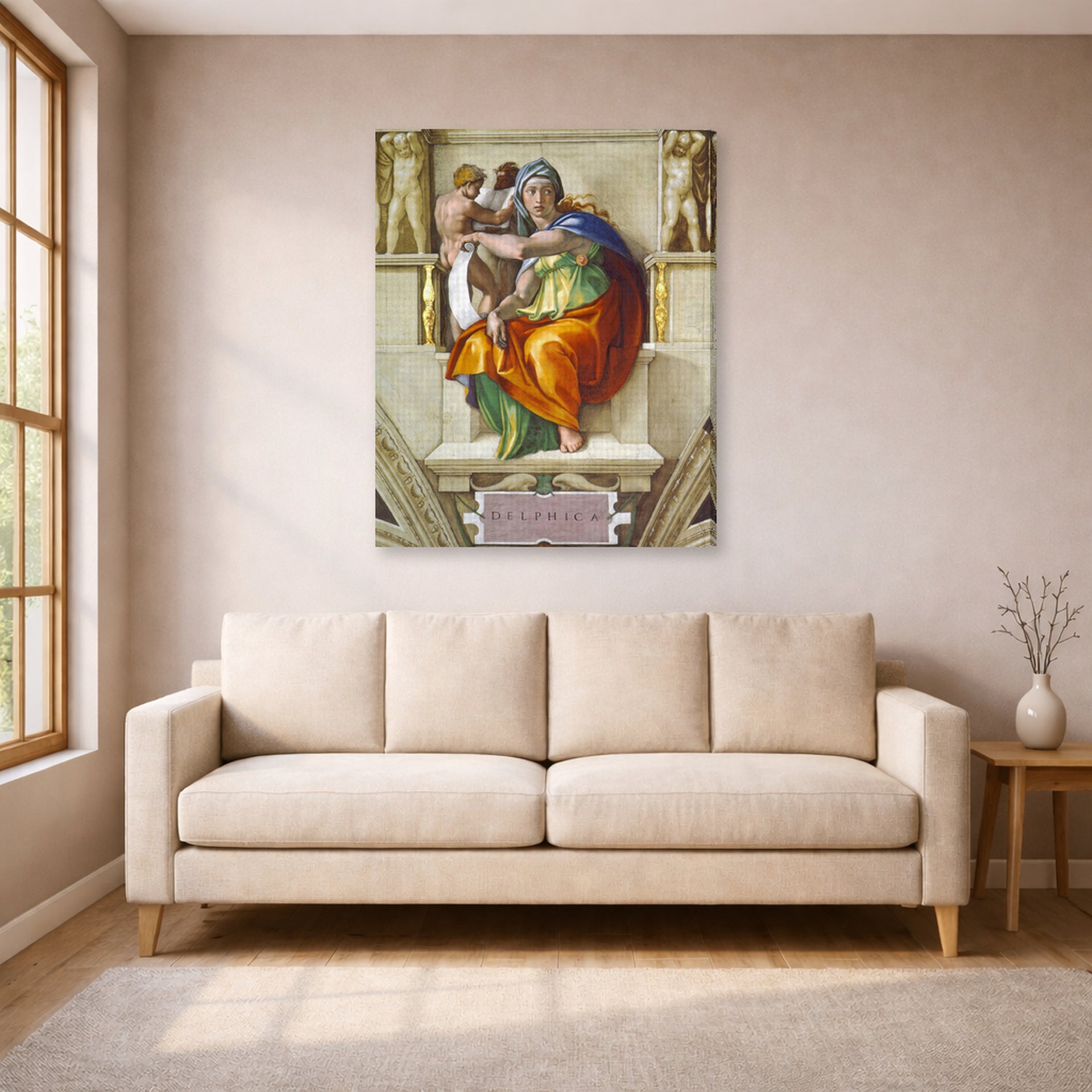 Gallery-wrapped canvas print of Michelangelo's Delphic Sibyl displayed on a wall in a living room