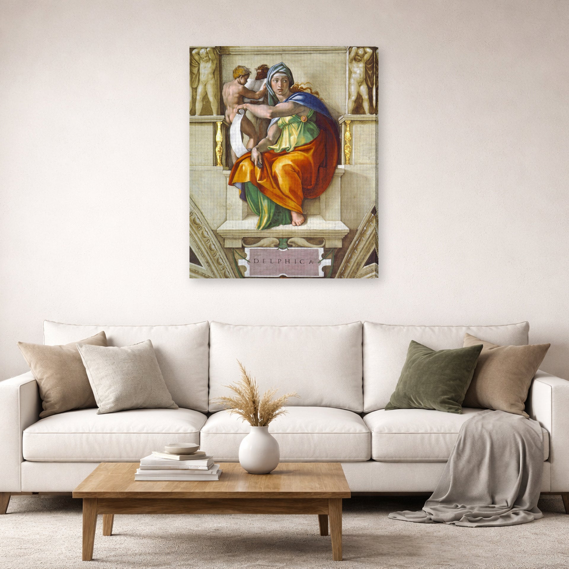 Gallery-wrapped canvas print of Michelangelo's Delphic Sibyl displayed on a wall in a living room