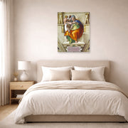 Unframed poster print of Michelangelo's Delphic Sibyl displayed on a wall in a bedroom