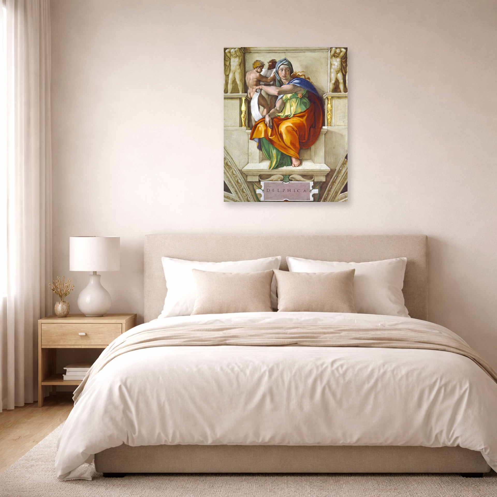 Unframed poster print of Michelangelo's Delphic Sibyl displayed on a wall in a bedroom