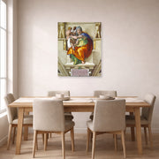 Unframed poster print of Michelangelo's Delphic Sibyl displayed on a wall in a dining room