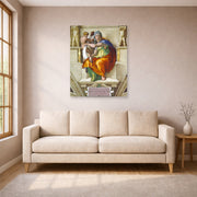 Unframed poster print of Michelangelo's Delphic Sibyl displayed on a wall in a living room