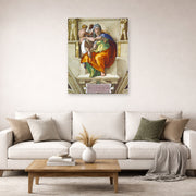 Unframed poster print of Michelangelo's Delphic Sibyl displayed on a wall in a living room