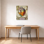 Unframed poster print of Michelangelo's Delphic Sibyl displayed on a wall in a office