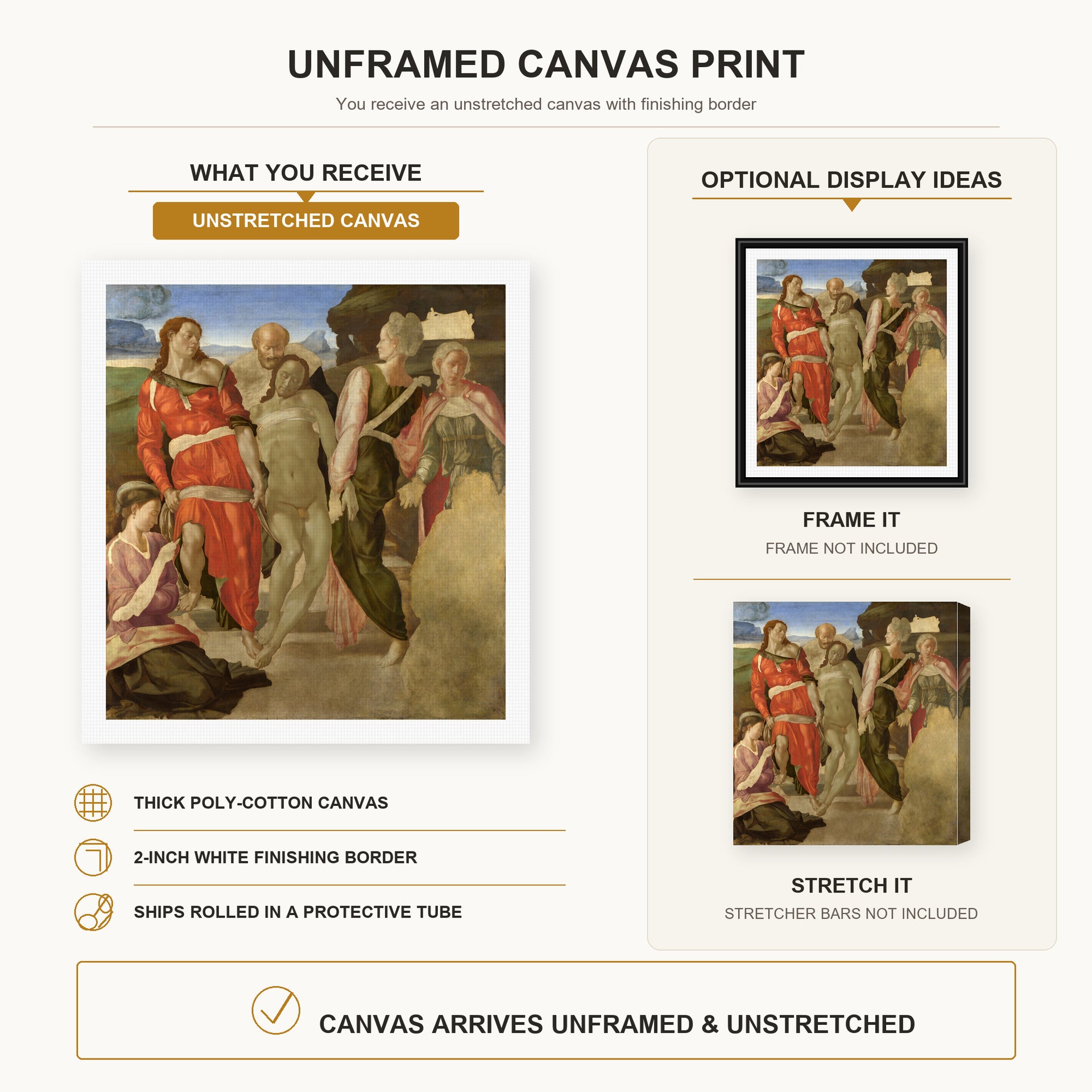 Michelangelo - Entombment canvas print size comparison and framing display infographic