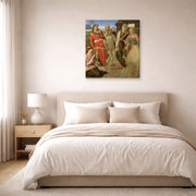 Gallery-wrapped canvas print of Michelangelo's Entombment displayed on a wall in a bedroom