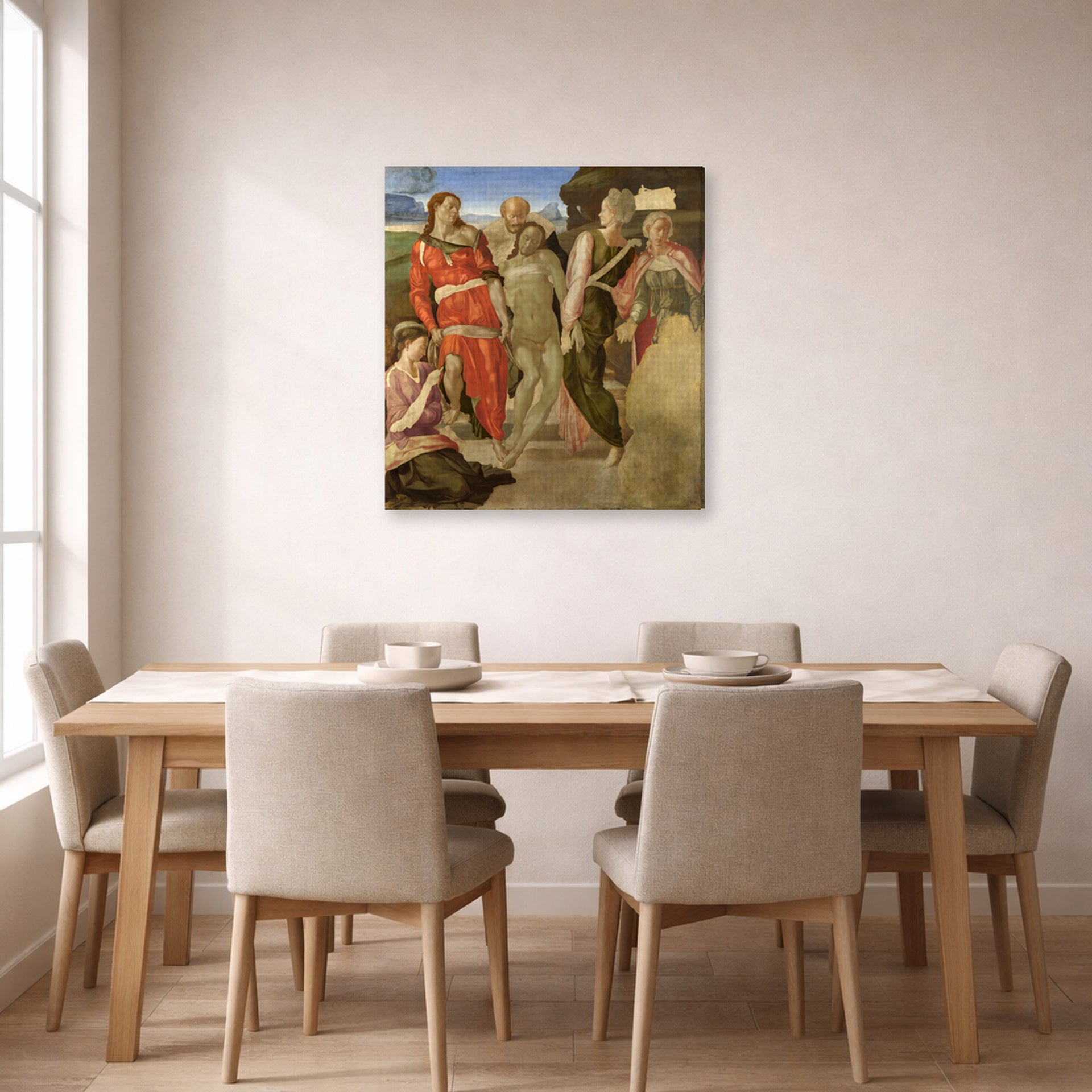 Gallery-wrapped canvas print of Michelangelo's Entombment displayed on a wall in a dining room