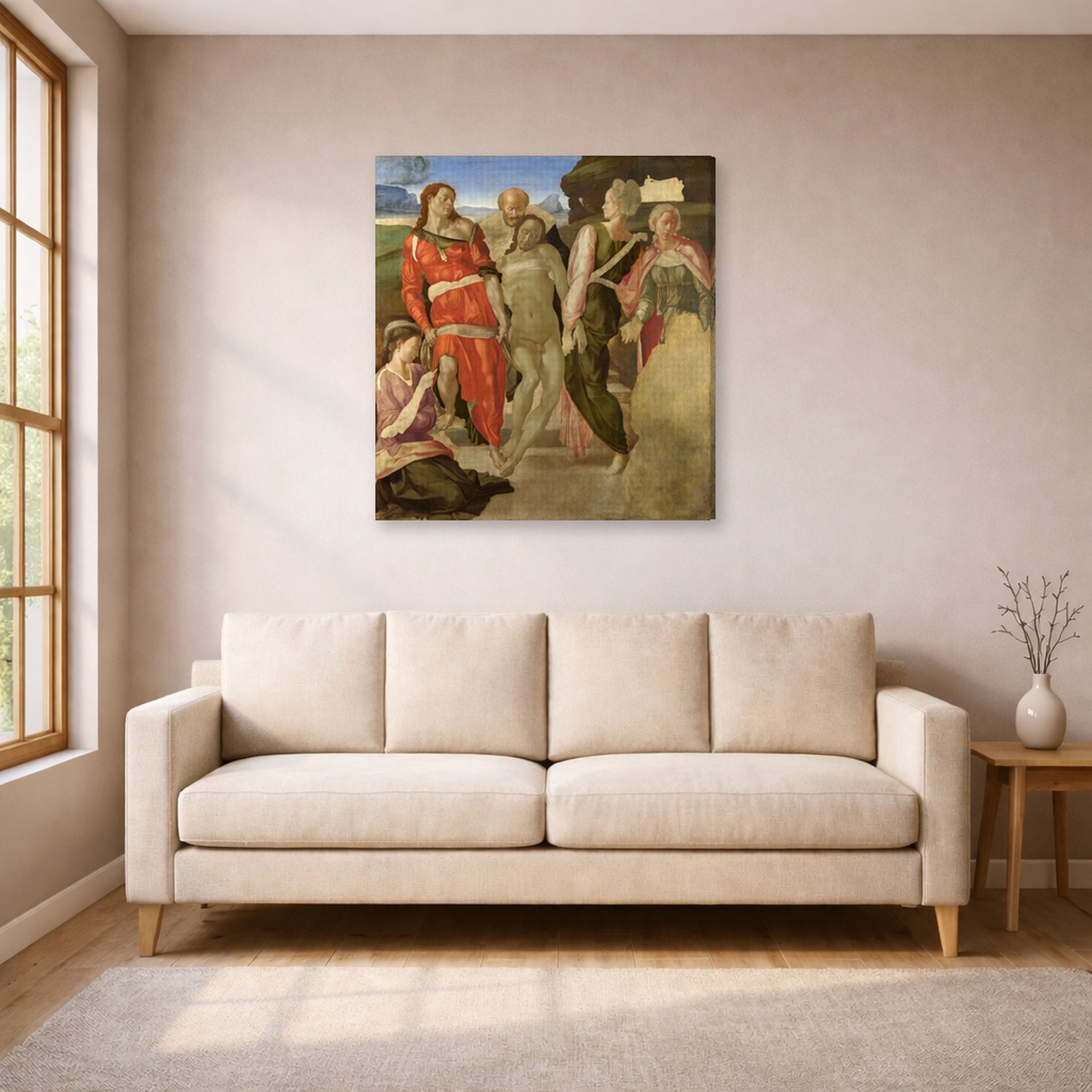 Gallery-wrapped canvas print of Michelangelo's Entombment displayed on a wall in a living room