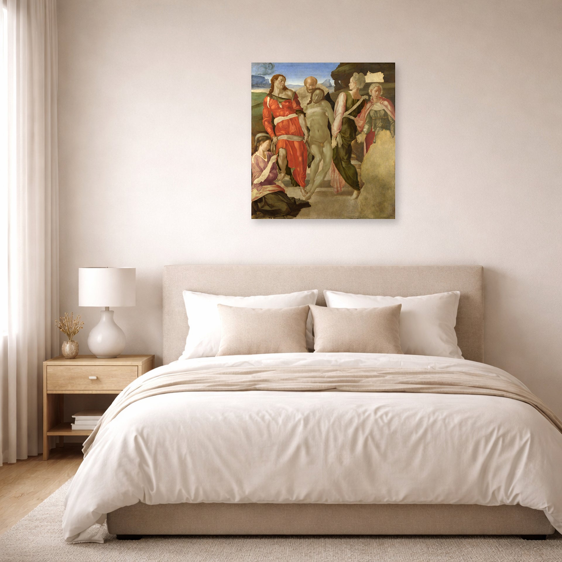 Unframed poster print of Michelangelo's Entombment displayed on a wall in a bedroom