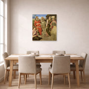 Unframed poster print of Michelangelo's Entombment displayed on a wall in a dining room