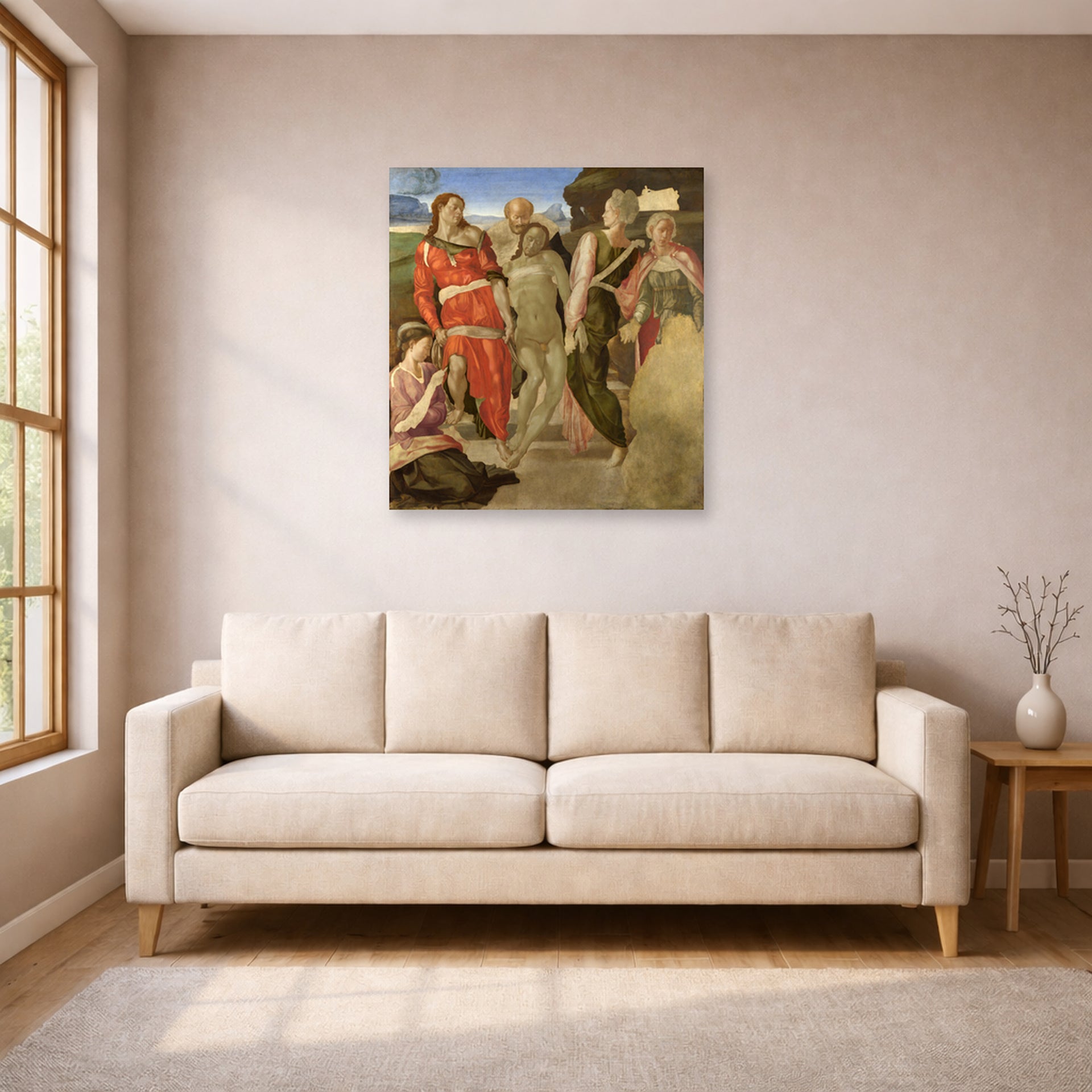 Unframed poster print of Michelangelo's Entombment displayed on a wall in a living room