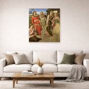 Unframed poster print of Michelangelo's Entombment displayed on a wall in a living room