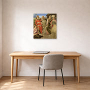 Unframed poster print of Michelangelo's Entombment displayed on a wall in a office