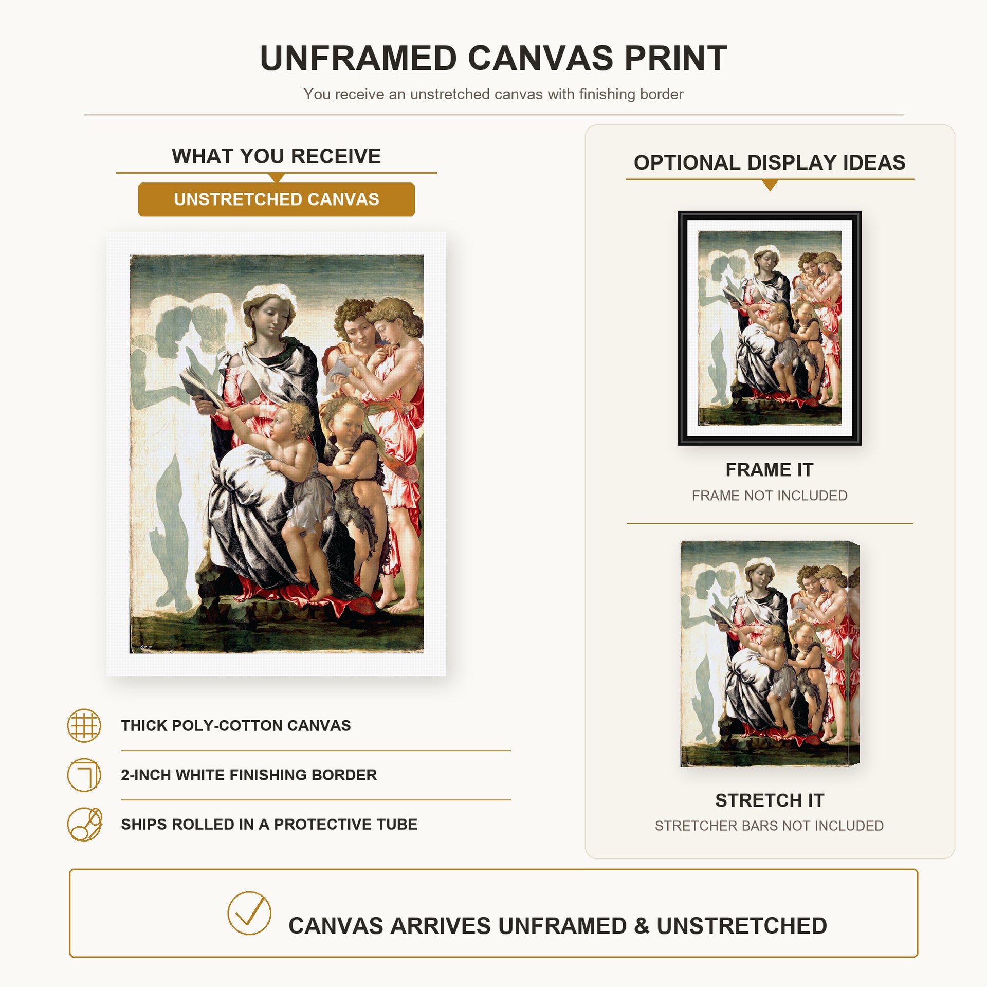 Michelangelo - Manchester Madonna canvas print size comparison and framing display infographic