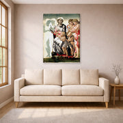 Gallery-wrapped canvas print of Michelangelo's Manchester Madonna displayed on a wall in a living room