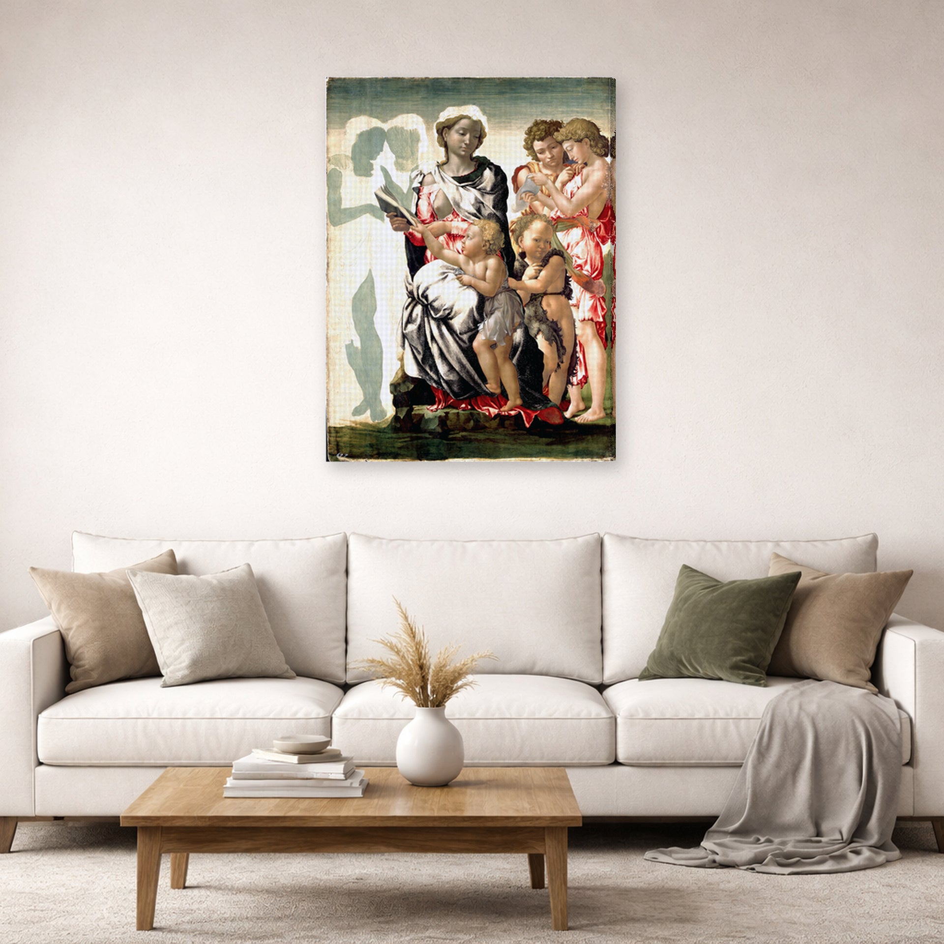 Gallery-wrapped canvas print of Michelangelo's Manchester Madonna displayed on a wall in a living room