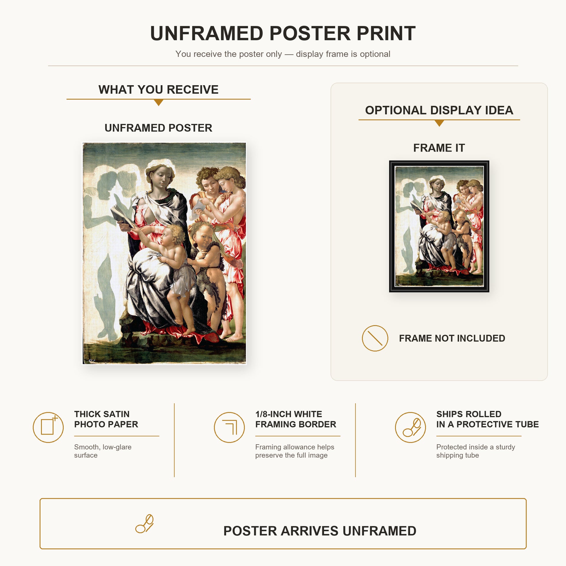 Michelangelo - Manchester Madonna poster print size comparison and framing display infographic