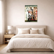Unframed poster print of Michelangelo's Manchester Madonna displayed on a wall in a bedroom