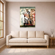 Unframed poster print of Michelangelo's Manchester Madonna displayed on a wall in a living room