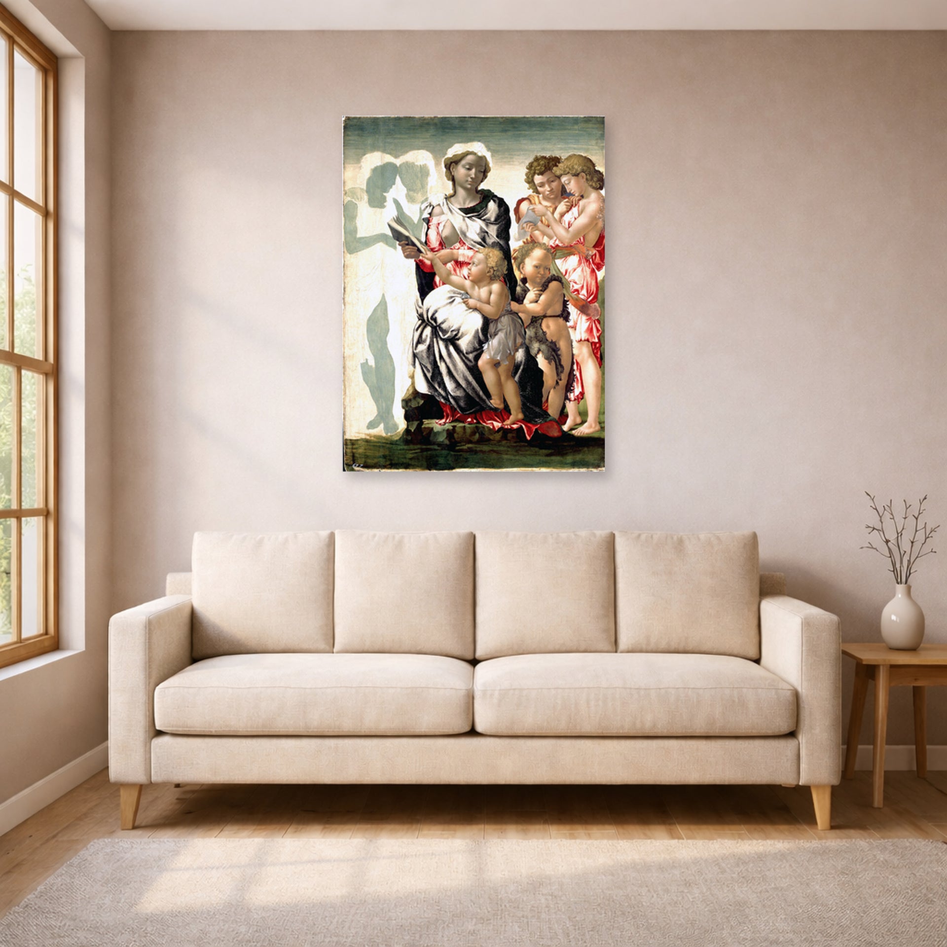Unframed poster print of Michelangelo's Manchester Madonna displayed on a wall in a living room