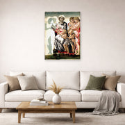 Unframed poster print of Michelangelo's Manchester Madonna displayed on a wall in a living room
