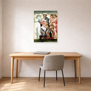 Unframed poster print of Michelangelo's Manchester Madonna displayed on a wall in a office