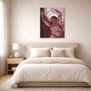 Gallery-wrapped canvas print of Michelangelo's Separation of Light from Darkness displayed on a wall in a bedroom