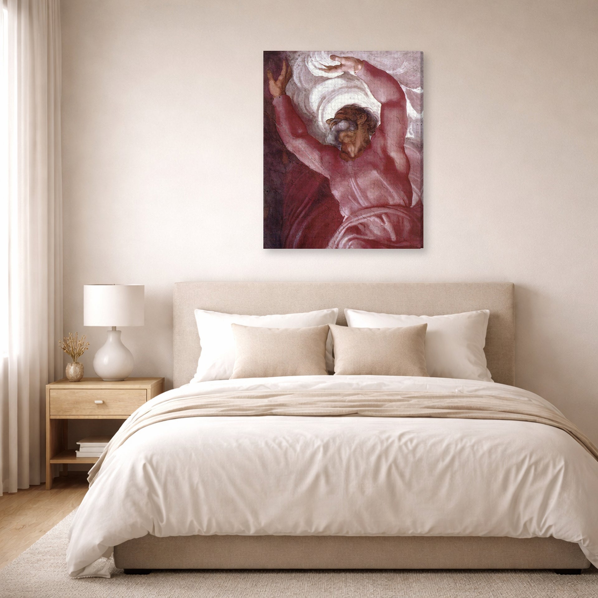 Gallery-wrapped canvas print of Michelangelo's Separation of Light from Darkness displayed on a wall in a bedroom