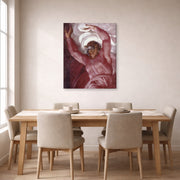 Gallery-wrapped canvas print of Michelangelo's Separation of Light from Darkness displayed on a wall in a dining room