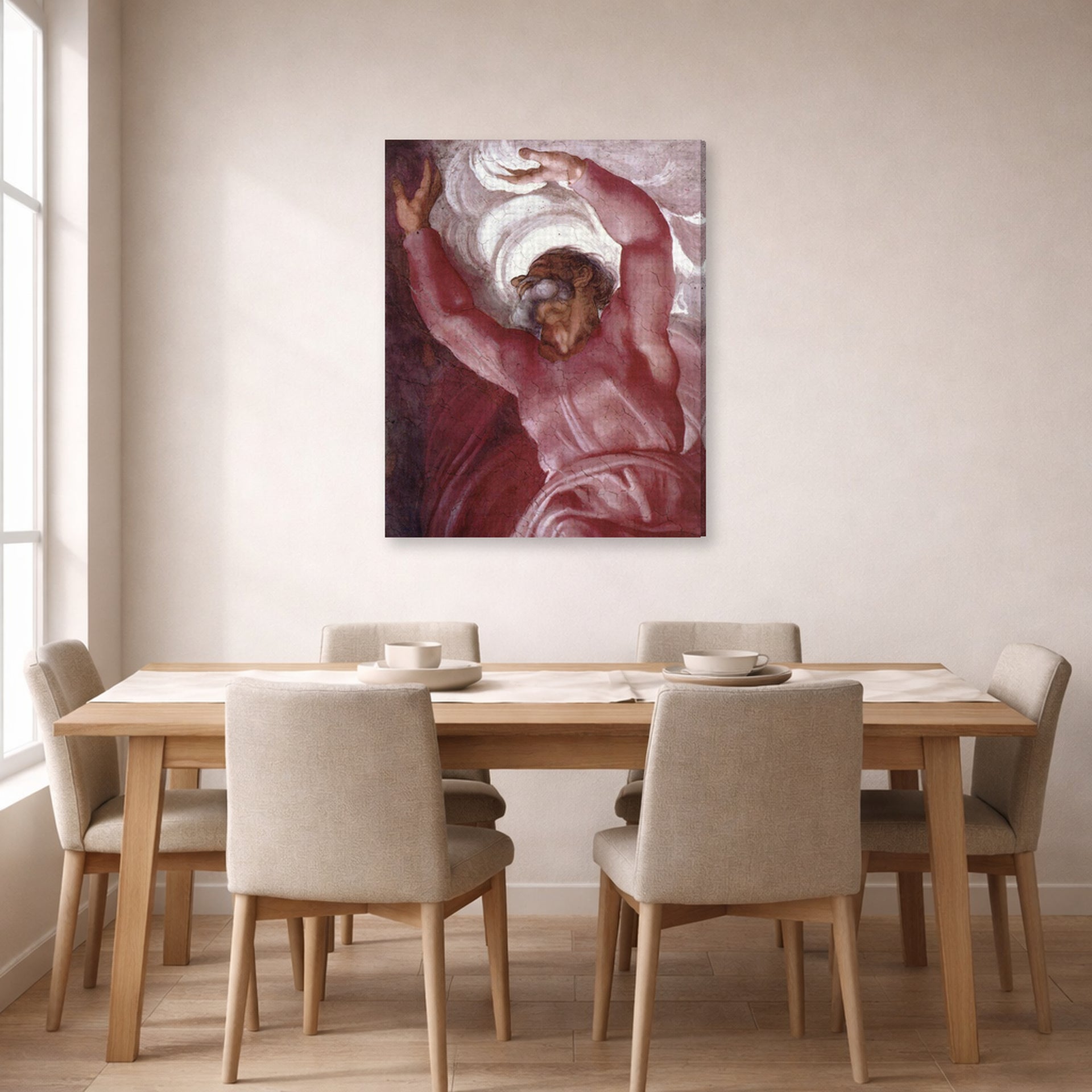 Gallery-wrapped canvas print of Michelangelo's Separation of Light from Darkness displayed on a wall in a dining room