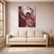 Gallery-wrapped canvas print of Michelangelo's Separation of Light from Darkness displayed on a wall in a living room