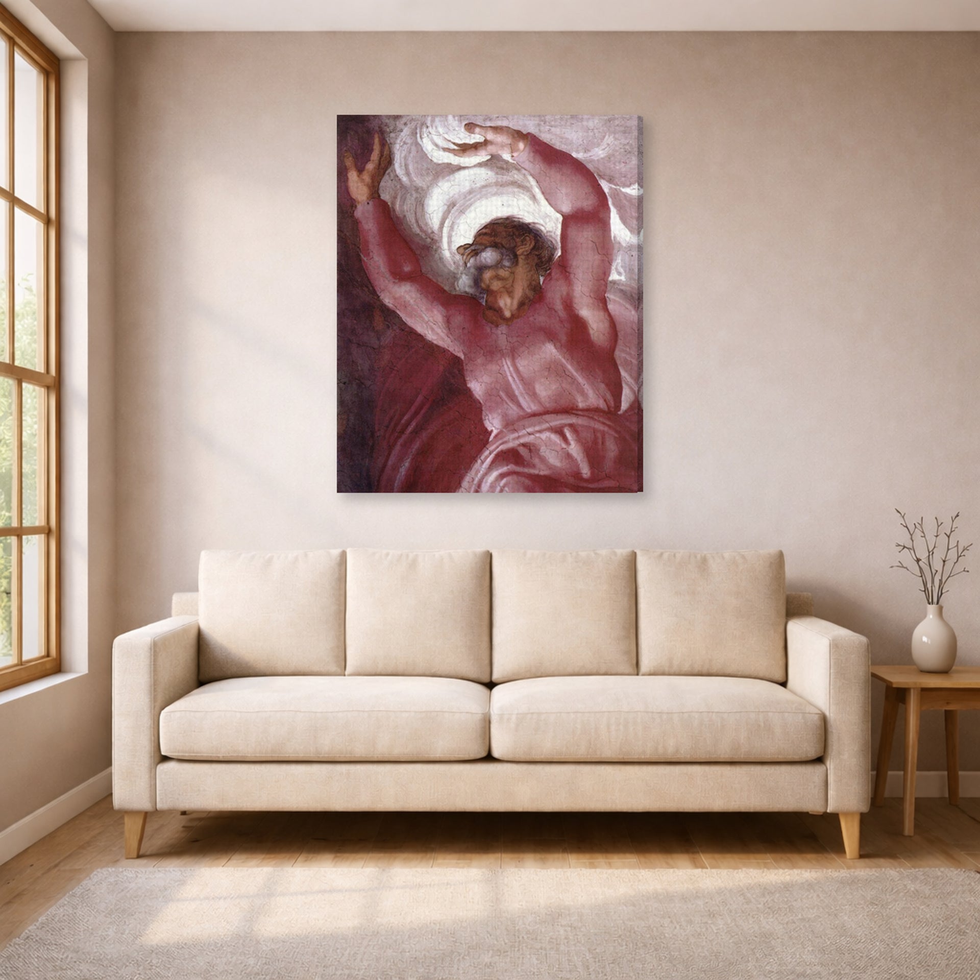 Gallery-wrapped canvas print of Michelangelo's Separation of Light from Darkness displayed on a wall in a living room