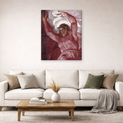 Gallery-wrapped canvas print of Michelangelo's Separation of Light from Darkness displayed on a wall in a living room