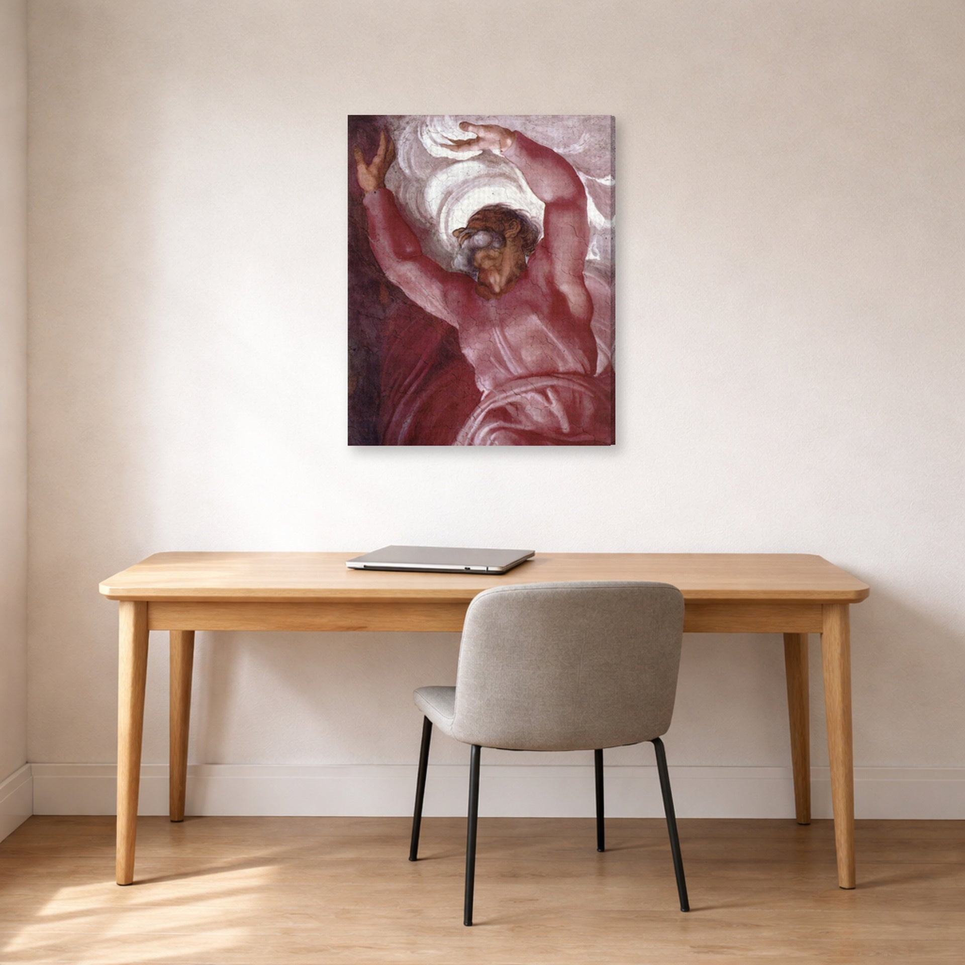 Gallery-wrapped canvas print of Michelangelo's Separation of Light from Darkness displayed on a wall in a office